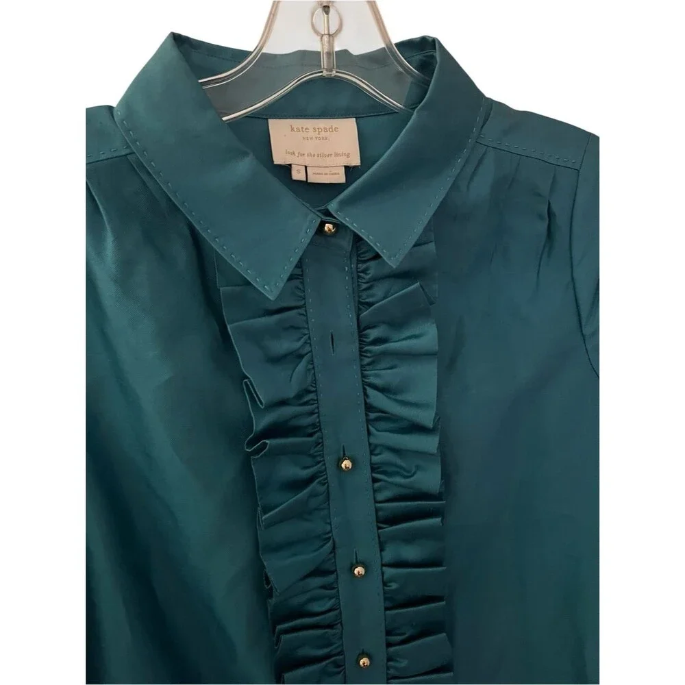 Kate Spade Bethanne Mini Shirt Dress Silk Blend Teal Blue Ruffle Pockets S FLAW